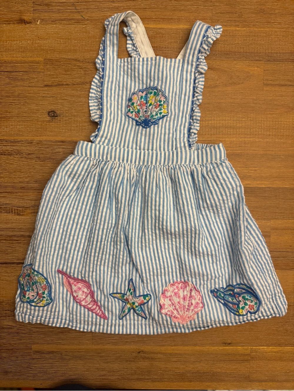 Mini Boden seersucker Striped Seashell Pinafore Dress